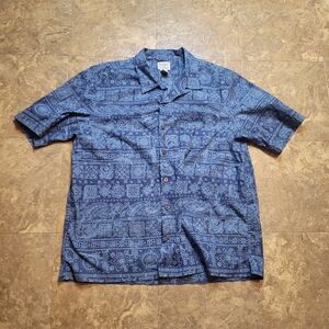 L.L. Bean Tropics Shirt Mens Large L Blue Short Sleeve Hawaiian Resortwear